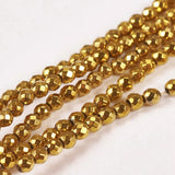 Electroplate Non-magnetic Synthetic Hematite Beads Strands, Faceted, Round, Grade AAAA, Golden Plated, 2mm, Hole: 0.5mm, about 200pcs/strand, 16 inch, 5Strand/Set