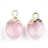 Electroplate Natural Rose Quartz Charms, with Iron Findings, Faceted, Oval, Golden, 14~15x8x5~5.5mm, Hole: 1.8mm, 20pc/Set