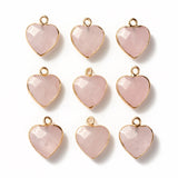 Electroplate Natural Rose Quartz Pendants, with Cadmium Free & Nickel Free & Lead Free Iron Findings, Faceted, Heart, Golden, 16~17x14~15x6~7mm, Hole: 1.8mm, 10pc/Set