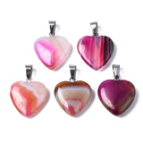 Natural Banded Agate/Striped Agate Pendants, Dyed, with Stainless Steel Snap On Bails, Heart, Stainless Steel Color, Mixed Color, 22~24x20~21x5~7mm, Hole: 3~4x7~8.5mm, 10pc/Set