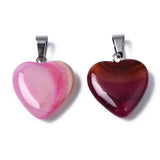 Natural Banded Agate/Striped Agate Pendants, Dyed, with Stainless Steel Snap On Bails, Heart, Stainless Steel Color, Mixed Color, 22~24x20~21x5~7mm, Hole: 3~4x7~8.5mm, 10pc/Set