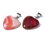 Natural Banded Agate/Striped Agate Pendants, Dyed, with Stainless Steel Snap On Bails, Heart, Stainless Steel Color, Mixed Color, 22~24x20~21x5~7mm, Hole: 3~4x7~8.5mm, 10pc/Set