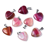 Natural Banded Agate/Striped Agate Pendants, Dyed, with Stainless Steel Snap On Bails, Heart, Stainless Steel Color, Mixed Color, 22~24x20~21x5~7mm, Hole: 3~4x7~8.5mm, 10pc/Set