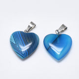 Natural Banded Agate/Striped Agate Pendants, Dyed, with Stainless Steel Snap On Bails, Heart, Stainless Steel Color, Sky Blue, 22~24x20~21x5~7mm, Hole: 3~4x7~8.5mm, 10pc/Set