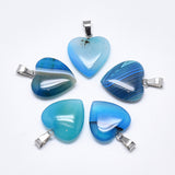 Natural Banded Agate/Striped Agate Pendants, Dyed, with Stainless Steel Snap On Bails, Heart, Stainless Steel Color, Sky Blue, 22~24x20~21x5~7mm, Hole: 3~4x7~8.5mm, 10pc/Set