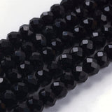 Imitation Crystal Glass Beads, Rondelle, Jet, Faceted, Size: about 4.5mm in diameter, 3.5mm thick, hole: 1mm, about 113~115pcs/strand, 41~42cm, 20Strand/Set