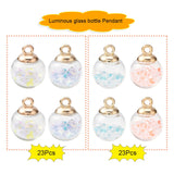 46Pcs 2 Style Transparent Glass Ball Bottle Pendants, with Glitter Sequins and CCB Plastic Findings, Round & Star and Round & Diamond, Glow in the Dark Luminous Pendant, Mixed Color, 21x15.5~16mm, Hole: 2mm, 2style, 23pc/style, 46pc/box