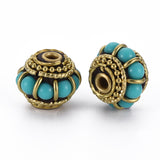 Handmade Indonesia Beads, with Brass Findings, Nickel Free,  Rondelle with Circle, Raw(Unplated), Medium Turquoise, 13x10mm, Hole: 2mm, 2pc/Set