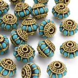 Handmade Indonesia Beads, with Brass Findings, Nickel Free,  Rondelle with Circle, Raw(Unplated), Medium Turquoise, 13x10mm, Hole: 2mm, 2pc/Set