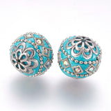 Handmade Indonesia Beads, with Metal Findings, Round, Antique Silver, Dark Turquoise, 19.5x19mm, Hole: 1mm, 5pc/Set