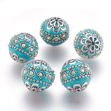 Handmade Indonesia Beads, with Metal Findings, Round, Antique Silver, Dark Turquoise, 19.5x19mm, Hole: 1mm, 5pc/Set