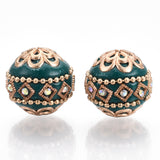 Handmade Indonesia Beads, with Metal Findings, Round, Light Gold, Teal, 19.5x19mm, Hole: 1mm, 5pc/Set