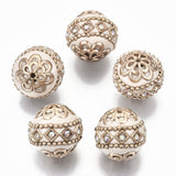 Handmade Indonesia Beads, with Crystal AB Rhinestone and Golden Tone Brass Findings, Round, Old Lace, 19~20x19~21mm, Hole: 1.2~1.5mm, 5pc/Set