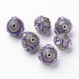 Handmade Indonesia Round Beads, with Glass Cabochons and Antique Silver Metal Color Double Alloy Cores, Purple, 14~15x15~16mm, Hole: 2mm, 10pc/Set