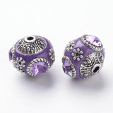 Handmade Indonesia Round Beads, with Glass Cabochons and Antique Silver Metal Color Double Alloy Cores, Purple, 14~15x15~16mm, Hole: 2mm, 10pc/Set