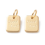 Brass Charms, with Jump Rings, Long-Lasting Plated, Rectangle with Word Good Luck, Real 18K Gold Plated, 9x7x1mm, Jump Ring: 5x1mm, Inner Diameter: 3mm , 20pc/Set