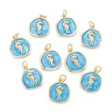 Brass Enamel Pendants, with Jump Rings, Long-Lasting Plated, Flat Round with Sea Horse, Deep Sky Blue, Real 18K Gold Plated, 17x14.5x2.5mm, Hole: 3.5mm, 10pc/Set