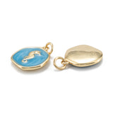 Brass Enamel Pendants, with Jump Rings, Long-Lasting Plated, Flat Round with Sea Horse, Deep Sky Blue, Real 18K Gold Plated, 17x14.5x2.5mm, Hole: 3.5mm, 10pc/Set