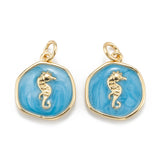 Brass Enamel Pendants, with Jump Rings, Long-Lasting Plated, Flat Round with Sea Horse, Deep Sky Blue, Real 18K Gold Plated, 17x14.5x2.5mm, Hole: 3.5mm, 10pc/Set