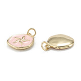 Brass Enamel Pendants, with Jump Rings, Long-Lasting Plated, Flat Round, Pink, Real 18K Gold Plated, 16.5x14.5x2.5mm, Hole: 3.5mm, 10pc/Set