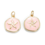 Brass Enamel Pendants, with Jump Rings, Long-Lasting Plated, Flat Round, Pink, Real 18K Gold Plated, 16.5x14.5x2.5mm, Hole: 3.5mm, 10pc/Set