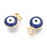 Brass Enamel Charms, Real 18K Gold Plated, Long-Lasting Plated, with Jump Ring, Evil Eye, Slate Blue, 9.5x6.5x4.5mm, Hole: 2.5mm, 50pc/Set