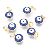 Brass Enamel Charms, Real 18K Gold Plated, Long-Lasting Plated, with Jump Ring, Evil Eye, Slate Blue, 9.5x6.5x4.5mm, Hole: 2.5mm, 50pc/Set