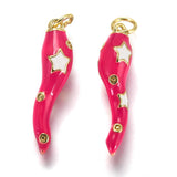 Brass Enamel Pendants, Long-Lasting Plated, Real 18K Gold Plated, Horn of Plenty, Italian Horn Cornicello, Deep Pink, 26x6x6mm, Hole: 3.3mm, 5pc/Set