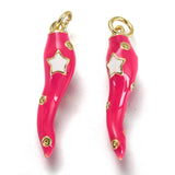 Brass Enamel Pendants, Long-Lasting Plated, Real 18K Gold Plated, Horn of Plenty, Italian Horn Cornicello, Deep Pink, 26x6x6mm, Hole: 3.3mm, 5pc/Set