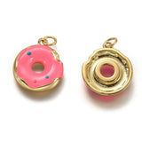 Brass Enamel Pendants, Long-Lasting Plated, Real 18K Gold Plated, with Jump Ring, Imitation Food, Donut Shape, Pink, 15x13x2.7mm, Hole: 2.6mm, 5pcs/Set