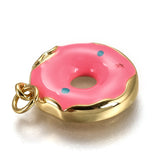 Brass Enamel Pendants, Long-Lasting Plated, Real 18K Gold Plated, with Jump Ring, Imitation Food, Donut Shape, Pink, 15x13x2.7mm, Hole: 2.6mm, 5pcs/Set