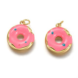 Brass Enamel Pendants, Long-Lasting Plated, Real 18K Gold Plated, with Jump Ring, Imitation Food, Donut Shape, Pink, 15x13x2.7mm, Hole: 2.6mm, 5pcs/Set