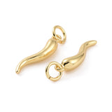 Rack Plating Brass Pendants, with Jump Ring, Long-Lasting Plated, Cadmium Free & Lead Free, Horn of Plenty/Italian Horn Cornicello Charm, Real 18K Gold Plated, 18x4x4mm, Jump Ring: 5x1mm, Inner Diameter: 3mm, 10pc/Set