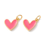 Rack Plating Brass Enamel Charms, with Jump Ring, Cadmium Free & Nickel Free & Lead Free, Real 18K Gold Long-Lasting Plated, Heart, Hot Pink, 9x7x2mm, Hole: 2.5mm, 10pc/Set