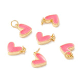 Rack Plating Brass Enamel Charms, with Jump Ring, Cadmium Free & Nickel Free & Lead Free, Real 18K Gold Long-Lasting Plated, Heart, Hot Pink, 9x7x2mm, Hole: 2.5mm, 10pc/Set