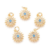 Brass Micro Pave Cubic Zirconia Charms, with Synthetic Turquoise & Jump Rings, Sun, Clear, Golden, 11.5x9.5x2mm, Jump Rings: 2.5mm Inner Diameter, 5pc/Set