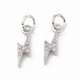 Brass Micro Pave Cubic Zirconia Charms, with Jump Ring, Lightning Bolt Charm, Platinum, 14.5x5x2.5mm, Hole: 3mm, 5pc/Set