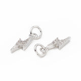 Brass Micro Pave Cubic Zirconia Charms, with Jump Ring, Lightning Bolt Charm, Platinum, 14.5x5x2.5mm, Hole: 3mm, 5pc/Set