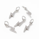 Brass Micro Pave Cubic Zirconia Charms, with Jump Ring, Lightning Bolt Charm, Platinum, 14.5x5x2.5mm, Hole: 3mm, 5pc/Set