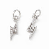Brass Micro Pave Cubic Zirconia Charms, with Jump Ring, Lightning Bolt Charm, Platinum, 14.5x5x2.5mm, Hole: 3mm, 5pc/Set