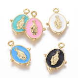 Golden Plated Brass Enamel Pendants, for DIY Jewelry Making, Oval with Virgin Mary Religion, Mixed Color, 18.5x13x2mm, Hole: 1.6mm, 10pc/Set