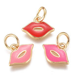 Real 18K Gold Plated Brass Enamel Charms, Makeup Charms, Long-Lasting Plated, Lip, Mixed Color, 8x11x1mm, Hole: 3mm, 20pc/Set