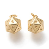 Brass Charms, with Jump Rings, Long-Lasting Plated, 20 Sided Dice Charm, Real 18K Gold Plated, 13.5x9.5x9.5mm, Hole: 3.2mm, 10pc/Set