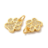 Rack Plating Brass Micro Pave Cubic Zirconia Charms, Dog Paw Print Charm, with Jump Ring, Long-Lasting Plated, Lead Free & Cadmium Free, Real 18K Gold Plated, 13x11x2mm, Hole: 3mm, 10pc/Set