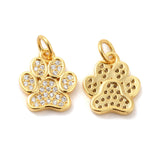 Rack Plating Brass Micro Pave Cubic Zirconia Charms, Dog Paw Print Charm, with Jump Ring, Long-Lasting Plated, Lead Free & Cadmium Free, Real 18K Gold Plated, 13x11x2mm, Hole: 3mm, 10pc/Set