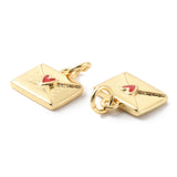 Rack Plating Brass Charms with Jump Ring, with Enamel, Long-Lasting Plated, Real 18K Gold Plated, Cadmium Free & Lead Free, Envelope, Red, 10.5x11x2mm, Hole: 3mm, 20pc/Set