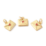 Rack Plating Brass Charms with Jump Ring, with Enamel, Long-Lasting Plated, Real 18K Gold Plated, Cadmium Free & Lead Free, Envelope, Red, 10.5x11x2mm, Hole: 3mm, 20pc/Set