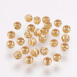 Carved Brass Beads, Long-Lasting Plated, Round, Real 18K Gold Plated, 3.5~4x3mm, Hole: 2mm, 200pc/Set