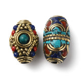 Handmade Tibetan Style Beads, with Brass Findings and Synthetic Turquoise, Antique Golden, Barrel, 21.5~25x14~16mm, Hole: 2~2.5mm, 5pc/Set