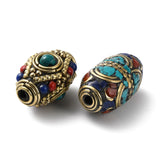 Handmade Tibetan Style Beads, with Brass Findings and Synthetic Turquoise, Antique Golden, Barrel, 21.5~25x14~16mm, Hole: 2~2.5mm, 5pc/Set